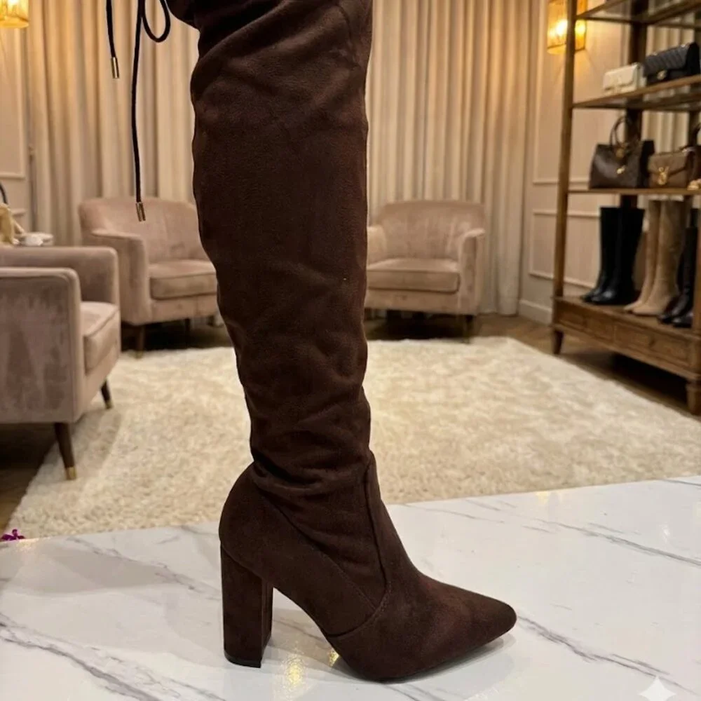 NWT Bamboo Dark Brown Suede OTK Boots 👠 3.5" Block Heel Thigh High Glam - Picture 7 of 8